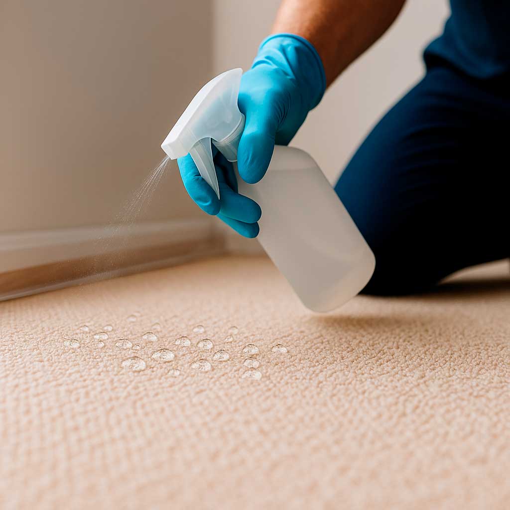 Profissional aplicando impermeabilizante em carpete com borrifador