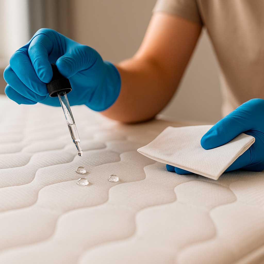 Mão pressionando papel-toalha sobre gota de água em colchão para testar a impermeabilização