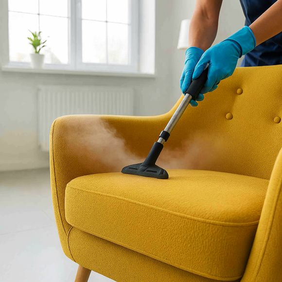 Remoção de sujeira e ácaros em poltrona amarela com limpeza a vapor