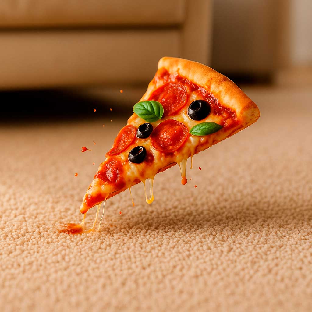 Pizza com molho espesso pingando sobre carpete bege impermeabilizado; gotas perolam sem absorver